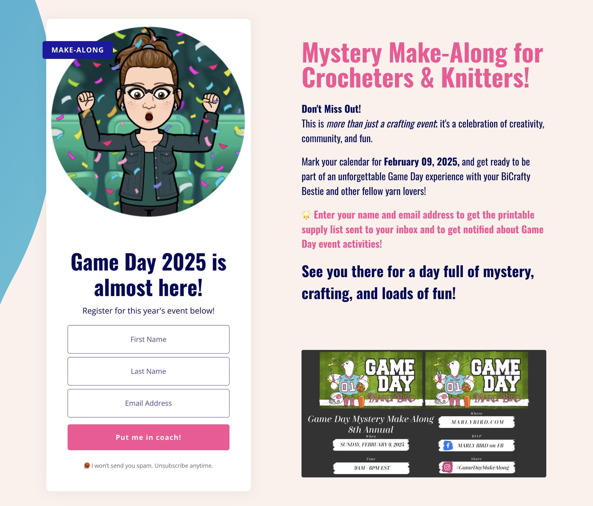 A promotional graphic for "Game Day 2025" Mystery Make-Along crochet and knitting event. It features a cartoon of a woman cheering, event details, a registration form, and banners showcasing crafting images with the event date, February 9, 2025. -Marly Bird